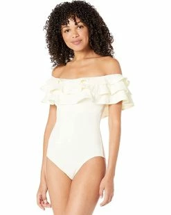 Kate Spade New York Swimwear Palm Beach Ruffle Off-the-Shoulder One-Piece w/ Removable Soft Cups