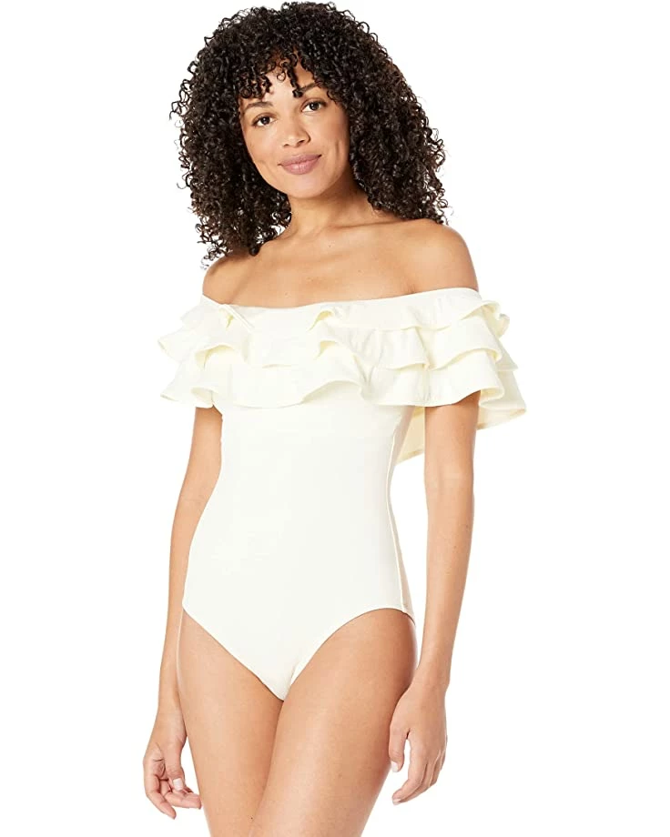 Kate Spade New York Swimwear Palm Beach Ruffle Off-the-Shoulder One-Piece w/ Removable Soft Cups