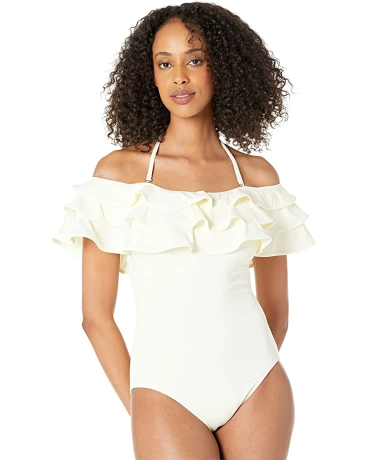 Kate Spade New York Swimwear Palm Beach Ruffle Off-the-Shoulder One-Piece w/ Removable Soft Cups - Image 4