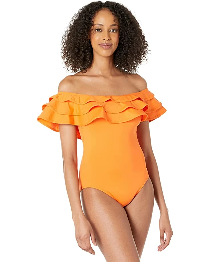 Kate Spade New York Swimwear Palm Beach Ruffle Off-the-Shoulder One-Piece w/ Removable Soft Cups - Image 5